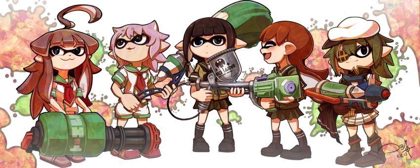 10s 5girls ahoge eyepatch game_console giant_brush gloves gun hat highres huge_ahoge inkbrush_(splatoon) inkling inkling_player_character kantai_collection kiso_(kancolle) kitakami_(kancolle) kuma_(kancolle) long_hair mecha_musume military military_uniform military_vehicle multiple_girls nintendo ooi_(kancolle) open_mouth paint_splatter paintbrush personification pointy_ears remodel_(kantai_collection) ryuuto_(ryutopia) school_uniform serafuku ship shoes short_hair skirt smile splatoon_(series) splatoon_1 splattershot_jr._(splatoon) squid super_soaker tama_(kancolle) tentacle_hair warship water_gun watercraft weapon wii_u world_war_ii