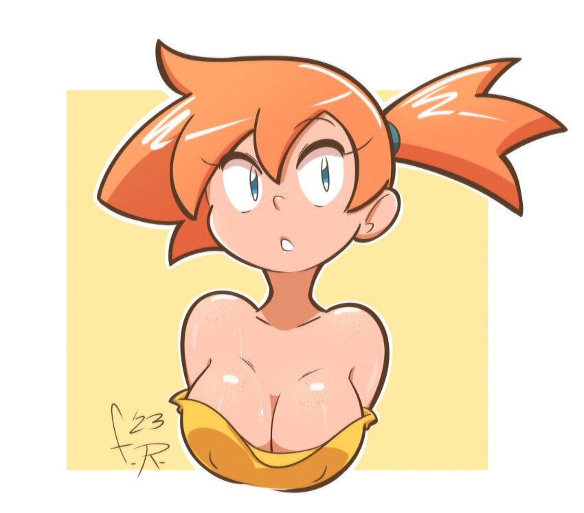 1girl asymmetrical_hair bare_arms breasts cleavage creatures_(company) cropped_shirt eyelashes eyeshadow fernal-red game_freak gen_1_pokemon green_eyes hair_tie highres looking_at_viewer makeup medium_breasts midriff misty_(pokemon) navel nintendo orange_hair pokemon pokemon_(anime) pokemon_(classic_anime) ponytail red_eyeshadow shirt short_hair side_ponytail simple_background sleeveless sleeveless_shirt solo suspenders sweatdrop upper_body wet yellow_shirt