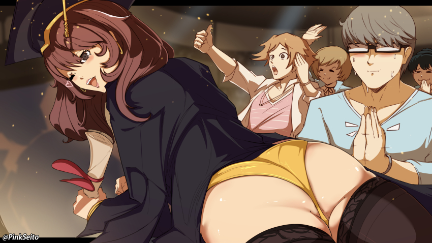 2boys 3girls amagi_yukiko ass ass_focus black_hair blush brown_eyes brown_hair cheering dress from_behind from_below glasses gown graduation grey_hair hanamura_yousuke highres huge_ass kujikawa_rise long_hair multiple_boys multiple_girls narukami_yuu no_pants open_mouth orphen_(pink_seito) panties persona persona_4 satonaka_chie short_hair smile sweat thick_thighs thighhighs thighs thumbs_up troll_face twintails underwear