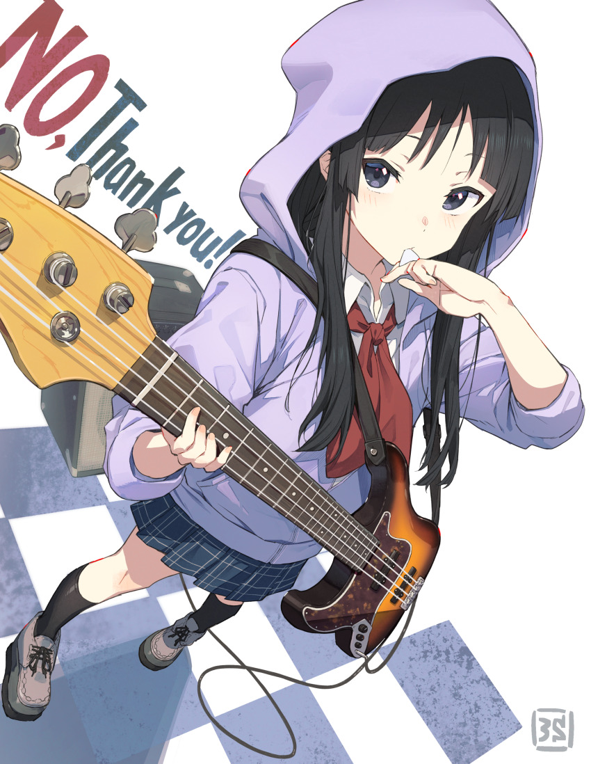 1girl 3s_(tarariko) absurdres akiyama_mio artist_logo bass_guitar black_hair blue_eyes checkered_floor electric_bass_guitar fender_jazz_bass highres holding holding_bass_guitar holding_instrument hood hood_up hooded_jacket hoodie instrument jacket k-on! kneehighs logo long_hair looking_at_viewer music no_thank_you!_(k-on!) playing_instrument pleated_skirt plectrum school_uniform shoes skirt socks solo standing