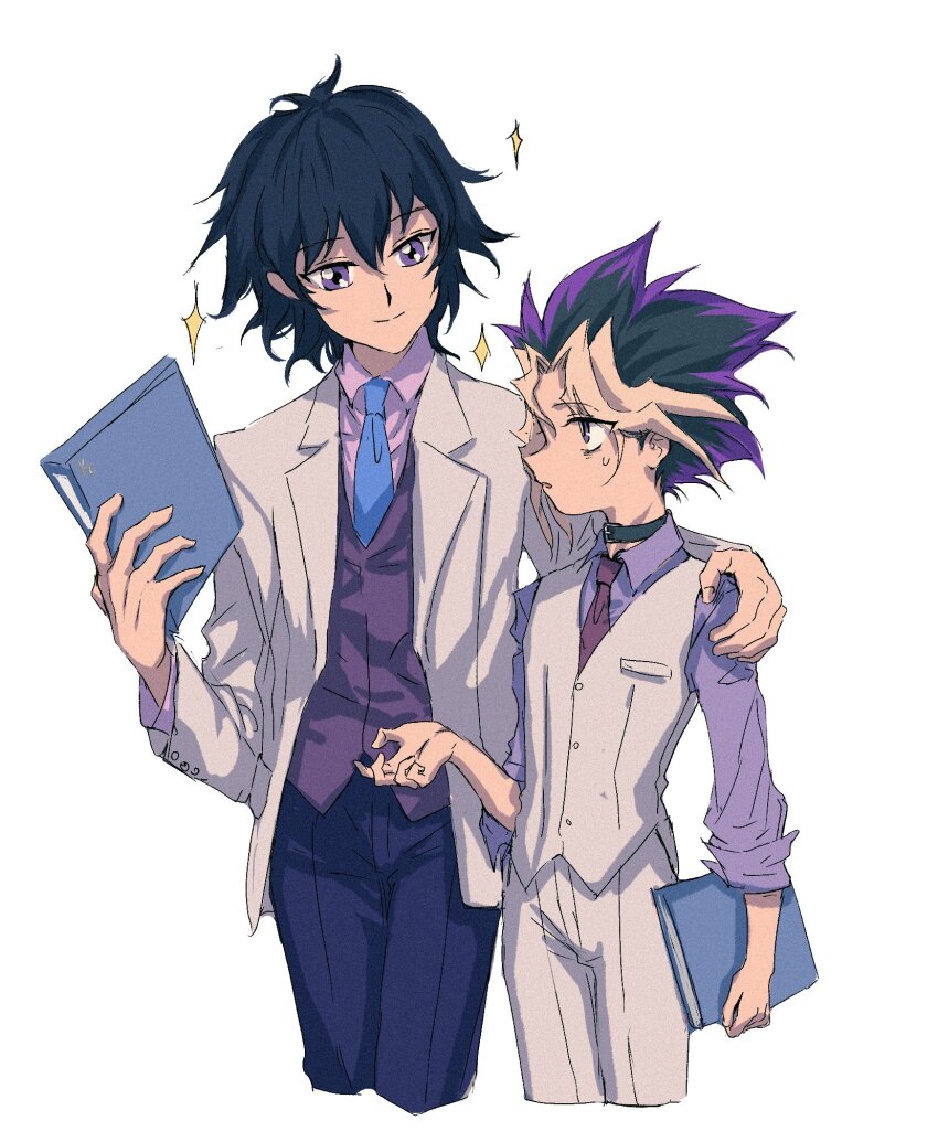 2boys black_choker black_hair blonde_hair choker clipboard dress_shirt facing_viewer formal_clothes hand_on_another&#039;s_shoulder highres holding holding_clipboard jacket kaiba_mokuba looking_at_another male_focus multicolored_hair multiple_boys muto_yugi necktie open_clothes open_jacket outstretched_arm pants purple_eyes purple_pants purple_shirt red_eyes shirt smile spot_dian star_(symbol) suit vest white_background white_jacket white_pants white_vest yu-gi-oh! yu-gi-oh!_the_dark_side_of_dimensions