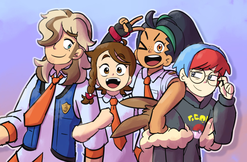 1boy 3girls adjusting_eyewear ahoge aqua_eyes arven_(pokemon) backpack bag black_hair blue_hair blue_vest braid breast_pocket brown_eyes brown_hair closed_mouth commentary creatures_(company) dark-skinned_female dark_skin eevee eggtempest english_commentary fingerless_gloves freckles game_freak gen_1_pokemon glasses gloves gradient_background grey_eyes grey_hoodie hair_over_one_eye hand_on_eyewear hood hoodie juliana_(pokemon) long_hair medium_hair multicolored_hair multiple_girls naranja_academy_school_uniform necktie nemona_(pokemon) nintendo one_eye_closed open_mouth orange_necktie pocket poke_ball poke_ball_(basic) poke_ball_print pokemon pokemon_sv ponytail red_hair round_eyewear school_uniform shirt short_hair single_braid single_fingerless_glove smile tan teeth two-tone_hair upper_teeth_only v v-shaped_eyebrows very_short_hair vest white_shirt