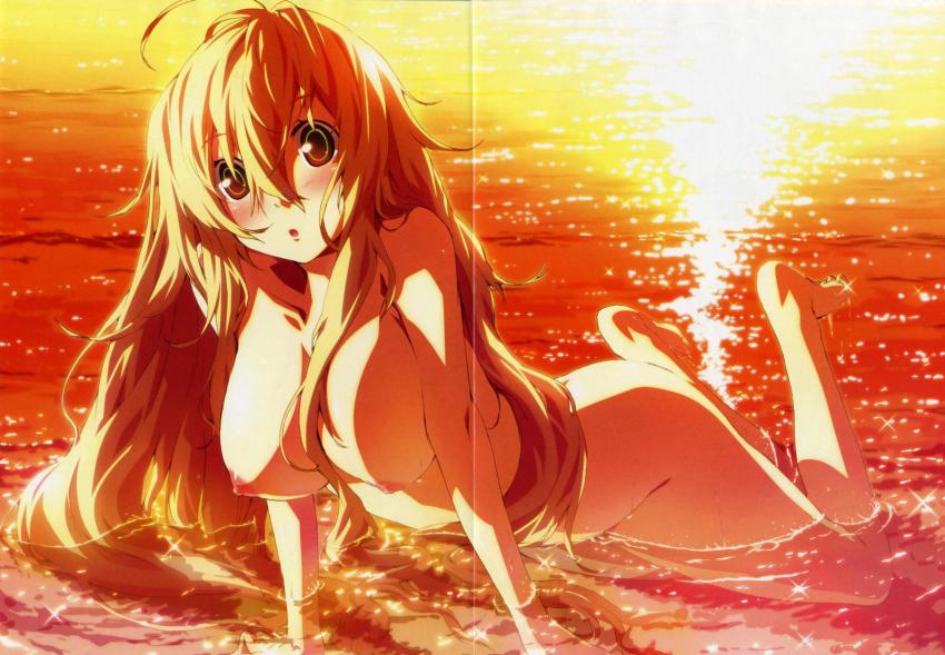 10s 1girl :o barefoot blonde_hair breasts crease dies_irae female_focus g_yuusuke highres long_hair marie_(dies_irae) nipples nude outdoors scan shinza_bansho_series solo sunset water