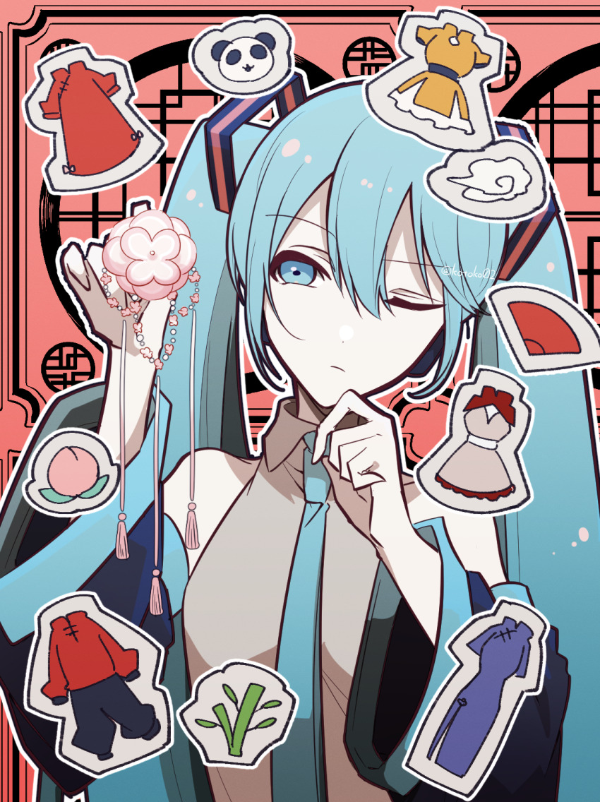 1girl bamboo blue_eyes blue_hair chinese_clothes collared_shirt commentary detached_sleeves food fruit hair_ornament hand_fan hand_on_own_chin hatsune_miku highres holding holding_hair_ornament kotoko0 long_hair long_sleeves looking_to_the_side necktie one_eye_closed panda paper_fan peach shirt sleeveless sleeveless_shirt solo twintails vocaloid wide_sleeves