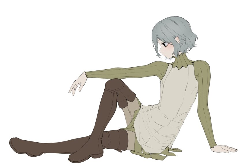 1boy bags_under_eyes black_eyes boots dungeon_meshi elf full_body gorget green_shirt grey_hair highres long_sleeves male_focus mayomayoland mithrun notched_ear pointy_ears profile shirt short_hair simple_background sitting solo thigh_boots tunic wavy_hair white_background