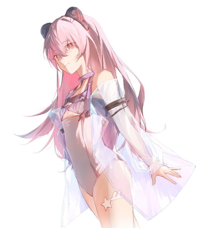 1girl animal_ears bare_shoulders bear_ears black_necktie breasts closed_mouth collar crossed_bangs hair_between_eyes highres leg_tattoo long_hair mechanical_ears mucha_1232 necktie one-piece_swimsuit pink_eyes pink_hair punishing:_gray_raven see-through see-through_sleeves small_breasts solo star_tattoo swimsuit tattoo teddy_(punishing:_gray_raven) white_background white_one-piece_swimsuit