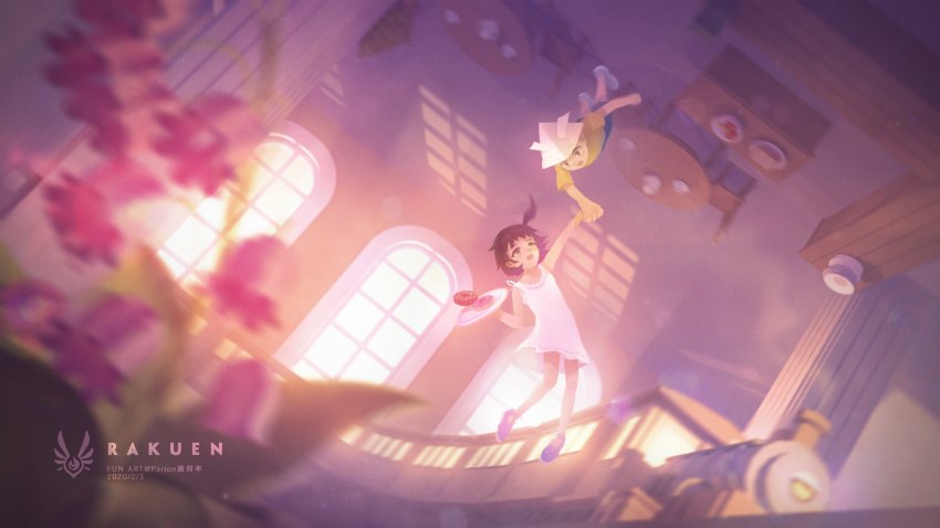 blurry boy_(rakuen) brown_hair child copyright_name dated doughnut dress food highres holding_hands indoors paper_hat rakuen shirt shoes side_ponytail sue_(rakuen) table train white_dress white_footwear window yellow_shirt