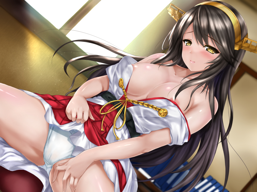 1girl areola_slip bare_shoulders black_hair blue_panties blush breasts breasts_out clothes_lift female_focus hakama hakama_short_skirt hakama_skirt haruna_(kancolle) headgear highres impreza_gdb indoors japanese_clothes kantai_collection large_breasts lifting_own_clothes long_hair looking_at_viewer medium_breasts nipples panties red_skirt sitting skirt skirt_lift smile solo underwear unworn_sleeves yellow_eyes