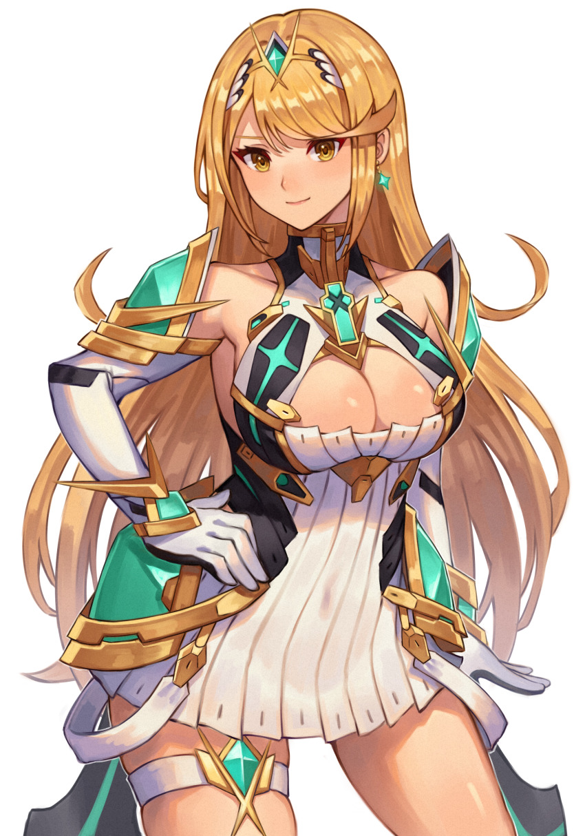 1girl 20060715 absurdres blonde_hair breasts cleavage dress elbow_gloves gloves highres large_breasts looking_at_viewer mythra_(xenoblade) simple_background smile solo swept_bangs tiara white_background white_dress white_gloves xenoblade_chronicles_(series) xenoblade_chronicles_2 yellow_eyes