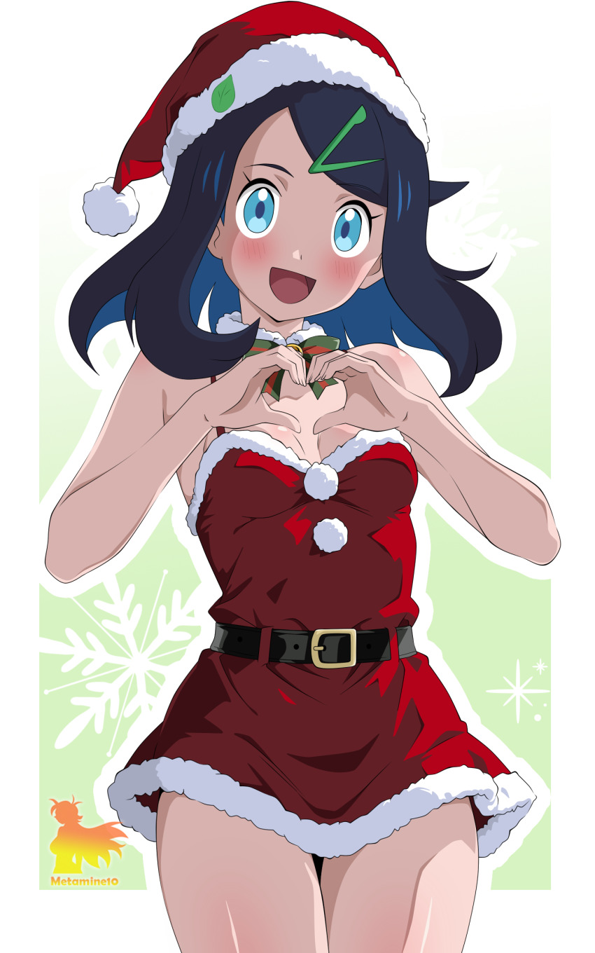 1girl :d absurdres alternate_costume black_hair blue_eyes blush border breasts christmas cleavage commentary_request cowboy_shot creatures_(company) detached_collar dress eyelashes game_freak green_background hair_ornament hairclip hat heart heart_hands highres liko_(pokemon) metaminegl nintendo open_mouth outside_border pokemon pokemon_(anime) pokemon_horizons red_dress red_hat santa_costume santa_hat smile solo spanish_commentary swept_bangs tongue white_border