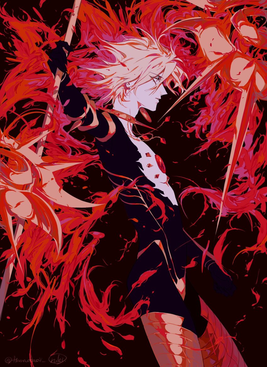 1boy armlet armor bishounen black_bodysuit bodysuit chest_jewel collar cowboy_shot fate/apocrypha fate/extra fate/grand_order fate_(series) from_side hair_between_eyes highres holding holding_polearm holding_weapon jewelry karna_(fate) leg_armor looking_to_the_side male_focus parted_lips polearm profile ruki_atamaokasii short_hair solo spiked_collar spikes vasavi_shakti_(fate) weapon white_hair