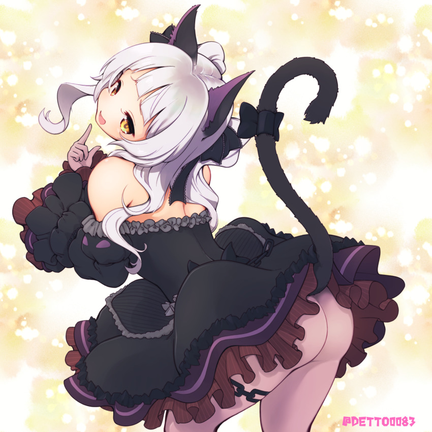 1girl :d animal_ears ass bare_shoulders black_dress black_ribbon blunt_bangs cat_ears cat_girl cat_tail chain cowboy_shot detached_sleeves deto dress from_behind furrowed_brow gothic_lolita hair_ribbon highres hololive juliet_sleeves kemonomimi_mode legs_apart lolita_fashion long_hair long_sleeves looking_at_viewer looking_back murasaki_shion murasaki_shion_(gothic_lolita) no_nose no_panties open_mouth orange_eyes pantyhose puffy_sleeves ribbon shaft_look silver_hair smile solo tail tail_ornament tail_raised tail_ribbon twintails twitter_username virtual_youtuber