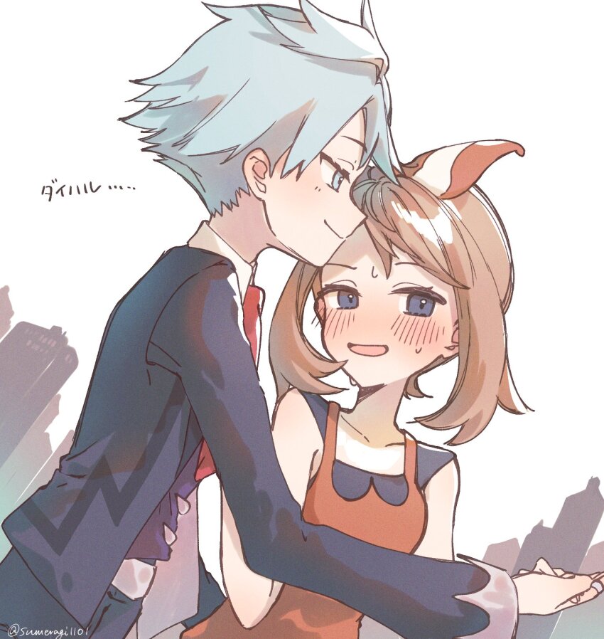 1boy 1girl blush brown_hair closed_mouth commentary_request creatures_(company) embarrassed game_freak highres holding_hands jacket long_sleeves may_(pokemon) necktie nintendo open_mouth pants pokemon pokemon_oras red_necktie shirt short_hair sleeveless sleeveless_shirt smile steven_stone sumeragi1101 sweat twitter_username vest watermark white_shirt