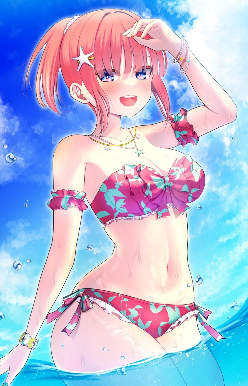 1girl arm_scrunchie bare_shoulders bikini blue_sky blush bracelet breasts commentary_request contrapposto cowboy_shot go-toubun_no_hanayome highres jewelry kurosaki_coco large_breasts long_hair looking_at_viewer multiple_bracelets nakano_nino navel necklace ocean open_mouth pink_hair ponytail purple_eyes red_bikini shell shell_necklace side-tie_bikini_bottom sidelocks sky smile solo standing star_(symbol) star_necklace starfish_hair_ornament stomach strapless strapless_bikini swimsuit wading water water_drop wet