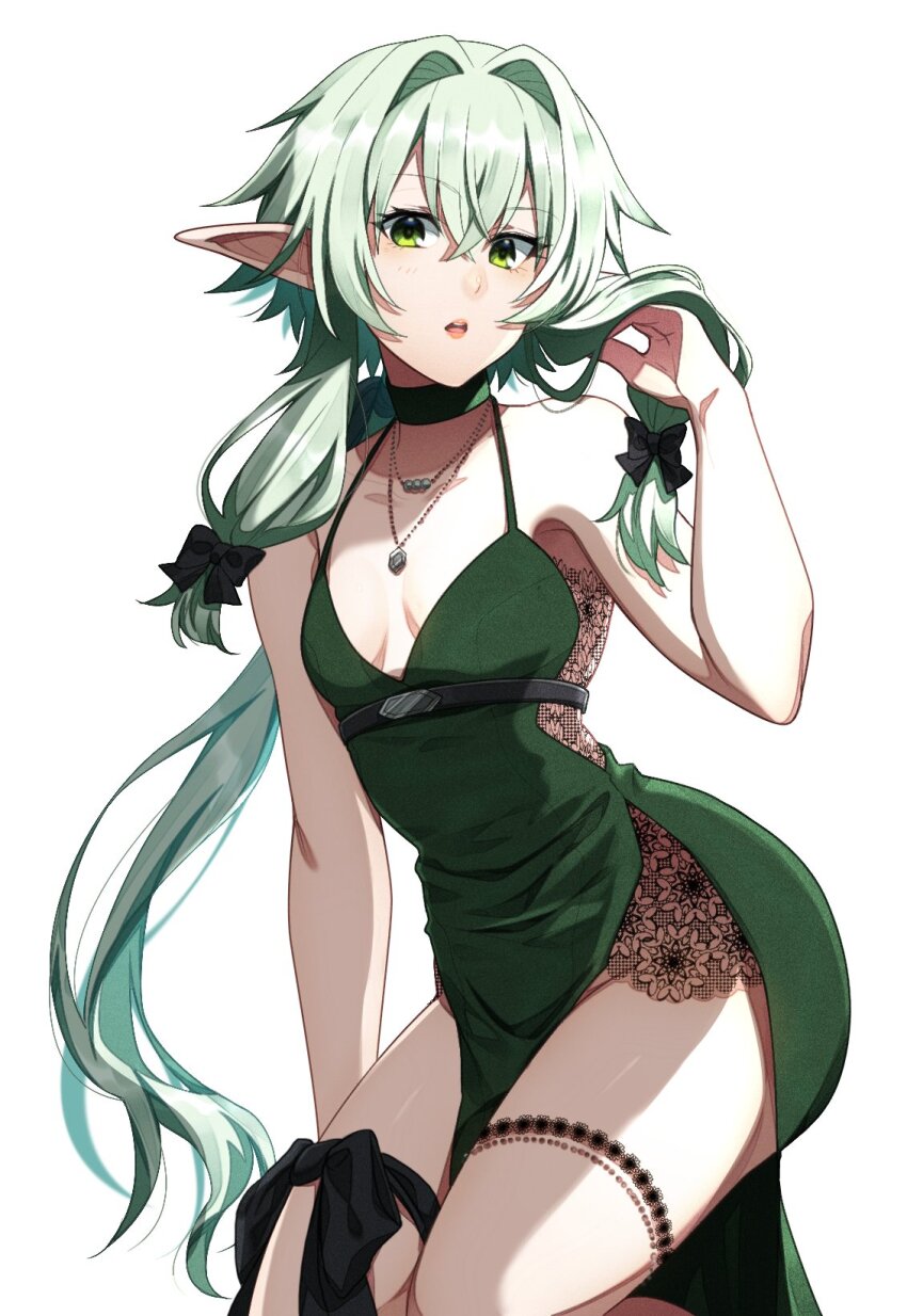 1girl blush breasts choker commentary dress elf english_commentary goblin_slayer! green_choker green_dress green_eyes green_hair hair_intakes hand_up high_elf_archer_(goblin_slayer!) highres kankitukou long_hair looking_at_viewer pointy_ears second-party_source simple_background sleeveless sleeveless_dress small_breasts solo spaghetti_strap standing thigh_strap thighs white_background