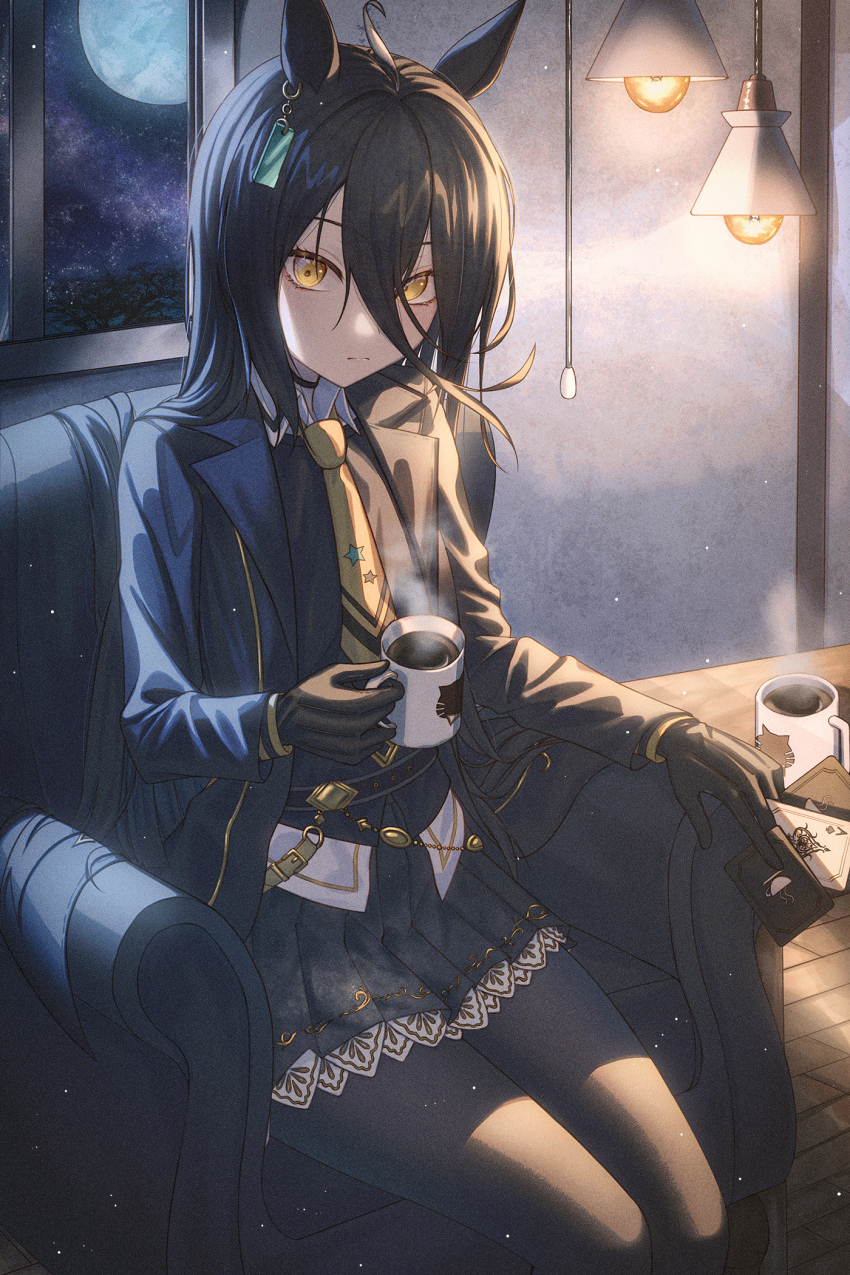 1girl ahoge black_gloves black_hair black_jacket black_pantyhose black_shirt black_skirt card coffee collared_shirt couch cup disposable_cup ear_piercing full_moon gloves hair_between_eyes highres holding holding_card holding_cup horse_girl jacket long_bangs long_hair looking_at_viewer manhattan_cafe_(umamusume) moon mug necktie pantyhose piercing pleated_skirt rang_c shirt sitting skirt solo tsurime umamusume white_shirt yellow_eyes yellow_necktie