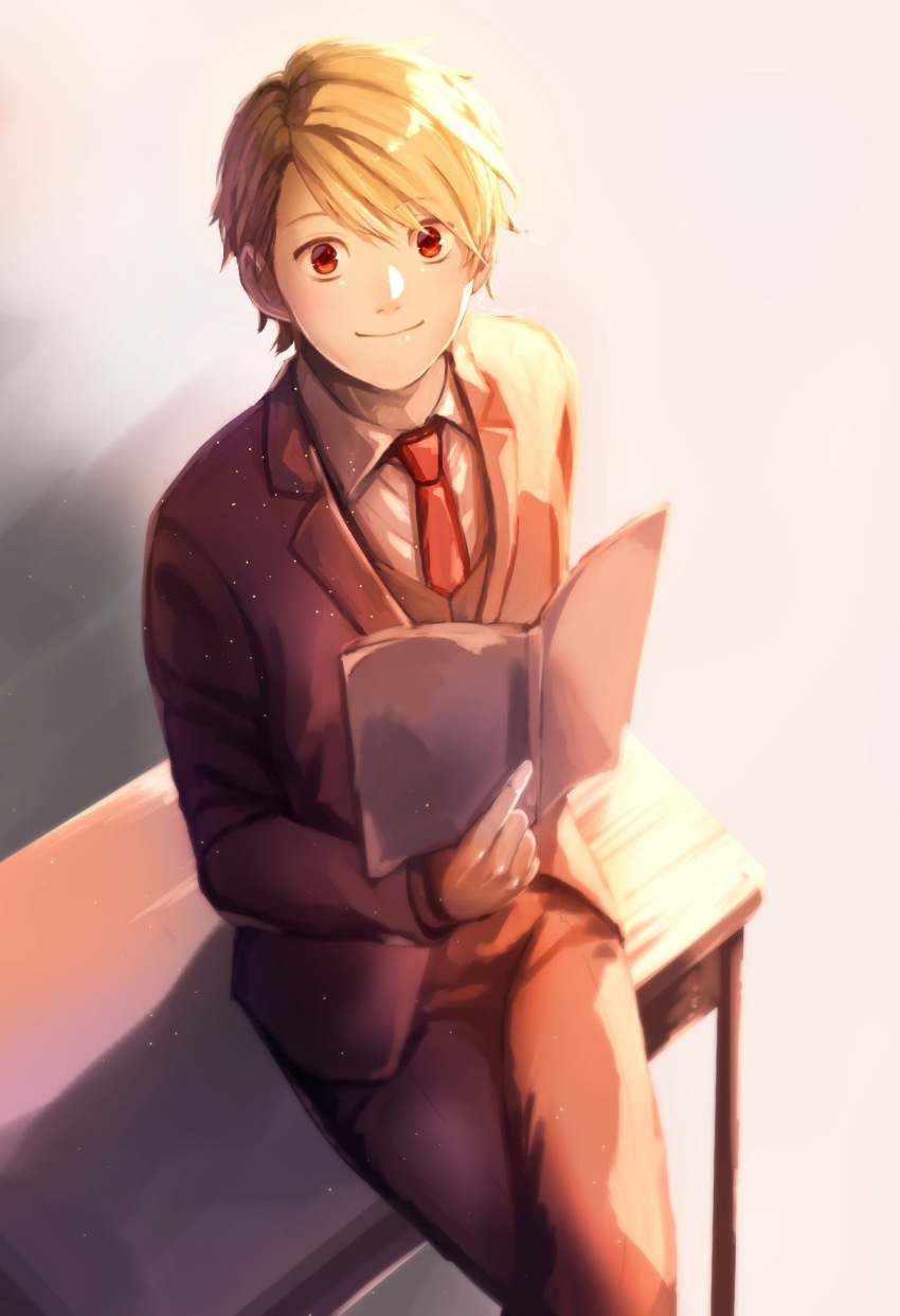 10s blonde_hair book formal highres holding holding_book idolmaster idolmaster_side-m looking_at_viewer looking_up maita_rui male_focus necktie red_eyes red_necktie saya_(endowsaya) sitting solo suit