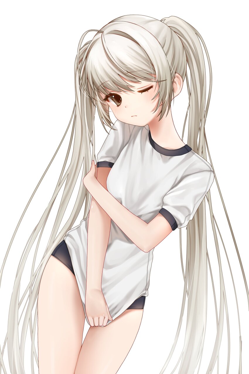 1girl absurdres antenna_hair black_shorts breasts brown_eyes closed_mouth cowboy_shot expressionless gym_shirt gym_shorts gym_uniform hair_between_eyes hand_on_own_arm highres hiruchii_(hiruruchyan) kasugano_sora leaning_to_the_side long_hair looking_at_viewer one_eye_closed pulling_own_clothes shirt short_sleeves shorts simple_background small_breasts solo standing twintails very_long_hair white_background white_hair white_shirt yosuga_no_sora