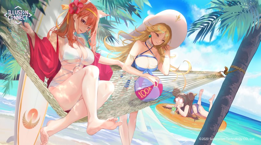 3girls :d absurdres angye_fdez animal_ears armlet ball barefoot beach beachball bikini blonde_hair blue_bikini breasts brown_hair choker cleavage day drinking fangs flower hair_flower hair_ornament hat headband hibiscus highres illusion_connect jewelry large_breasts long_hair miyuki_(illusion_connect) multiple_girls o-ring off_shoulder open_mouth orange_hair outdoors phoebe_(illusion_connect) purple_bikini round_eyewear selena_(illusion_connect) sitting smile sun_hat surfboard swept_bangs swimsuit thighs white_bikini