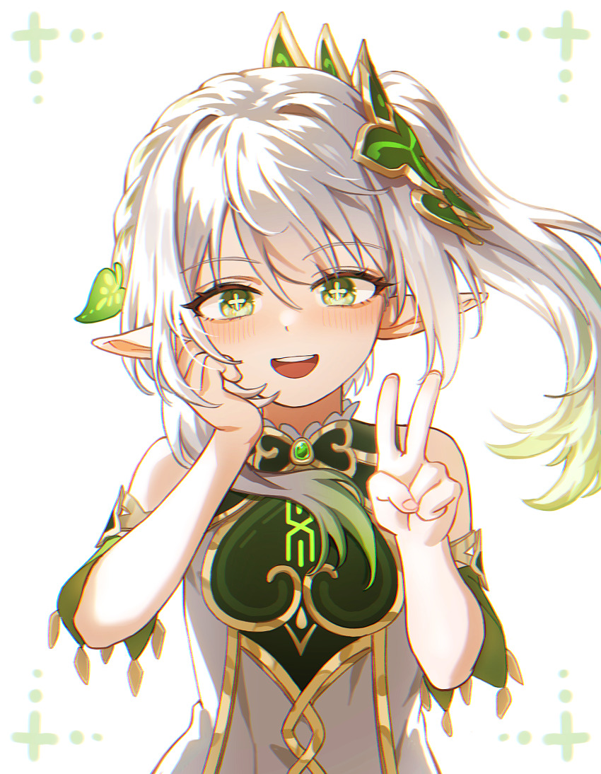 1girl :d absurdres bare_shoulders cross-shaped_pupils detached_sleeves dress genshin_impact gold_trim gradient_hair green_eyes green_hair hair_ornament hand_on_own_cheek hand_on_own_face hands_up highres multicolored_hair nahida_(genshin_impact) open_mouth pointy_ears side_ponytail sidelocks smile solo symbol-shaped_pupils two-tone_hair upper_body v white_dress yareen