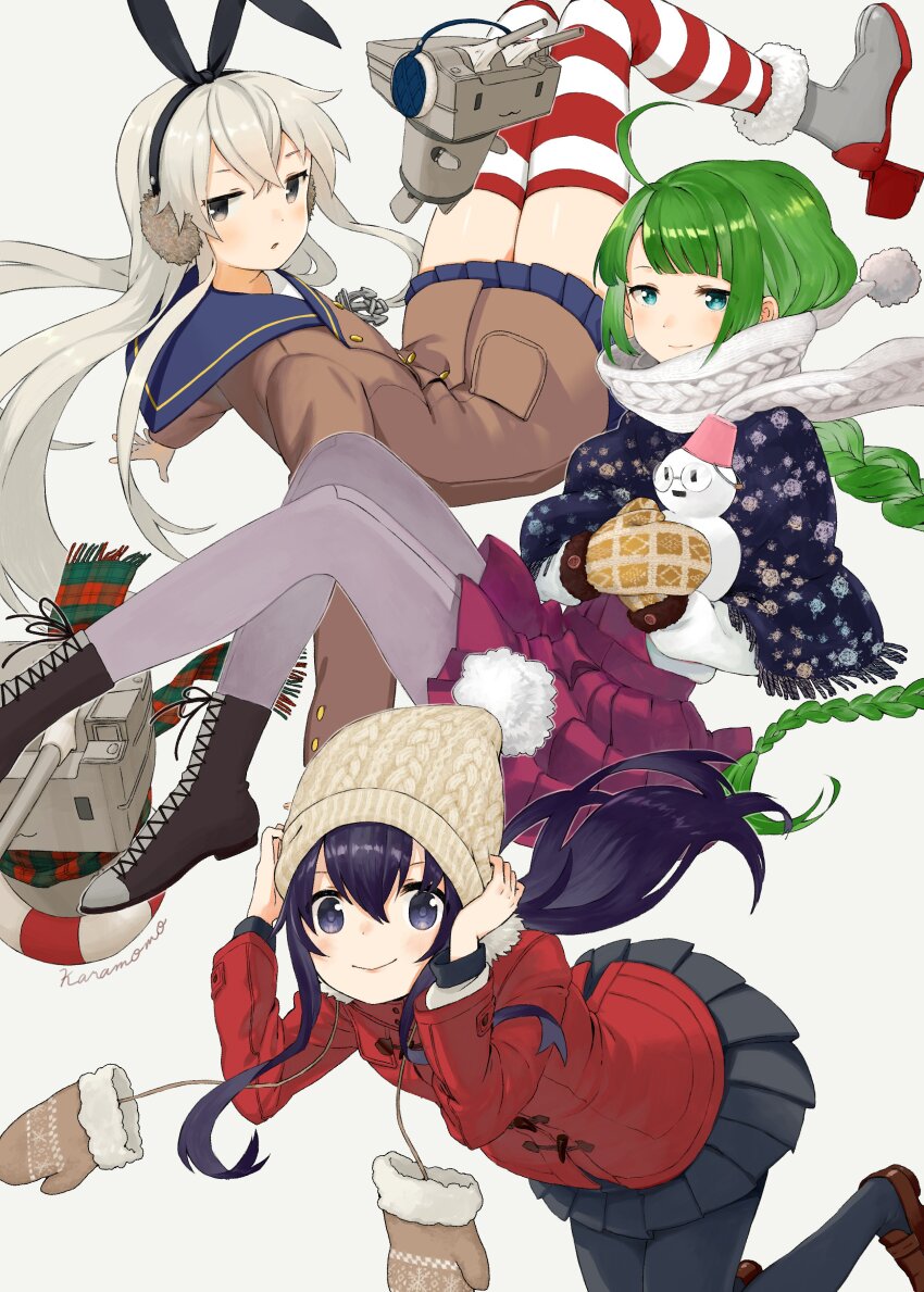 3girls absurdres ahoge akatsuki_(kancolle) alternate_costume anchor_hair_ornament beanie black_pantyhose black_skirt blue_eyes blue_sailor_collar blue_sky blush boots brown_footwear brown_jacket earmuffs green_hair grey_hair grey_pantyhose hair_ornament hat highres holding_snowman jacket kantai_collection karamomo loafers long_hair long_sleeves looking_at_viewer mittens multiple_girls pantyhose parted_lips pleated_skirt pom_pom_(clothes) pom_pom_beanie rensouhou-chan rudder_footwear sailor_collar scarf shimakaze_(kancolle) shoes simple_background skirt sky smile snowman striped_clothes striped_thighhighs thighhighs very_long_hair white_scarf winter_clothes yuugumo_(kancolle)