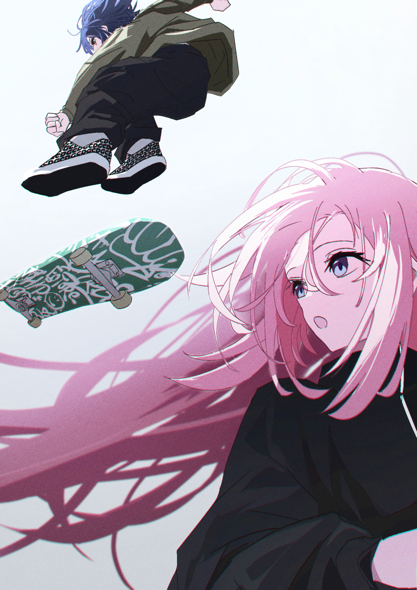 2girls black_jacket black_pants blue_eyes bocchi_the_rock! brown_jacket commentary_request dated_commentary gotoh_hitori hair_between_eyes highres jacket jumping juppa_sento long_hair long_sleeves multiple_girls open_clothes open_jacket open_mouth pants pink_hair short_hair simple_background skateboard white_background yamada_ryo