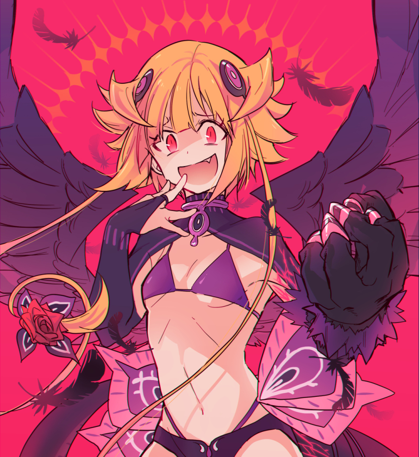 1girl bad_id bad_pixiv_id bikini black_wings blonde_hair breasts capella_emerada_lugnica fang feathers flower gloves highres inawa_akito large_breasts navel open_mouth purple_bikini re:zero_kara_hajimeru_isekai_seikatsu red_background red_eyes rose smile spiked_hair swimsuit wings yandere_trance