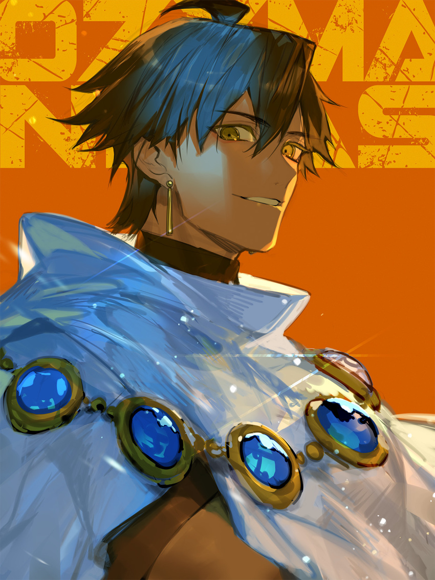 1boy ahoge ancient_egyptian_clothes black_hair brown_hair cape dark-skinned_male dark_skin earrings fate/grand_order fate_(series) hair_between_eyes highres jewelry looking_at_viewer male_focus necklace orange_background ozymandias_(fate) short_hair smile solo suzuhi_(fullprayer) turtleneck upper_body yellow_eyes