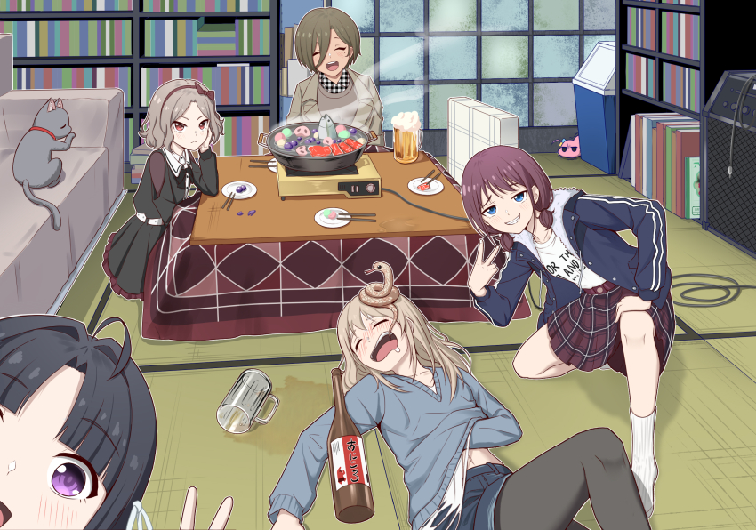 5girls ahoge alcohol anglediana animal animal_on_head awa_subaru beer beer_bottle beer_mug black_hair blue_eyes blush bocchi_the_rock! bookshelf bow brown_hair cat chopsticks closed_eyes couch crossover cup dress drooling drunk ebizuka_tomo fish girls_band_cry gotoh_hitori gotoh_hitori_(tsuchinoko) grant_gustin_next_to_oliver_queen&#039;s_grave_(meme) grey_hair grin hair_bow highres hotpot indoors iseri_nina jacket kawaragi_momoka kotatsu kotori_photobomb long_hair looking_at_viewer lying medium_hair meme mole mole_under_eye mug multiple_girls navel no_shoes on_back on_ground on_head open_mouth pantyhose purple_eyes red_eyes red_hair rupa_(girls_band_cry) shelf shirt short_hair shorts skirt sleeping smile snake socks speaker steam t-shirt table tatami togenashi_togeari trash_can v