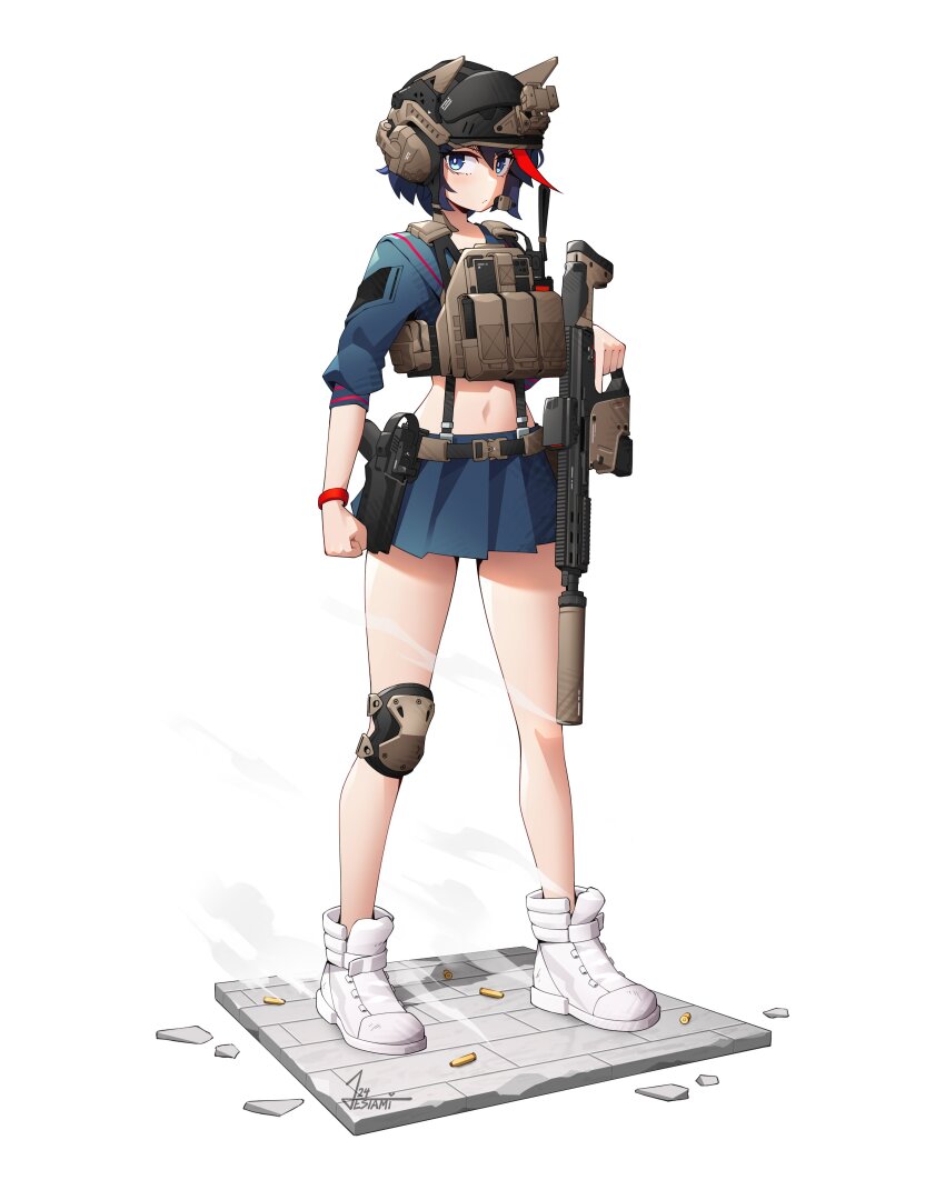 1girl :/ absurdres ammunition_pouch arm_at_side assault_rifle belt black_hair blue_eyes blue_sailor_collar blue_serafuku blue_shirt blue_skirt bracelet bright_pupils clenched_hand closed_mouth combat_helmet commentary english_commentary faux_figurine gun hair_between_eyes handgun helmet high_tops highres holding holding_gun holding_weapon holster holstered jestami jewelry kill_la_kill knee_pads load_bearing_vest looking_at_viewer magazine_(weapon) matoi_ryuuko midriff miniskirt multicolored_hair navel pleated_skirt pouch red_hair rifle sailor_collar school_uniform serafuku shell_casing shirt shoes short_hair signature simple_background single_knee_pad skirt sneakers solo standing streaked_hair suppressor suspender_skirt suspenders trigger_discipline walkie-talkie weapon weapon_request white_background white_footwear white_pupils