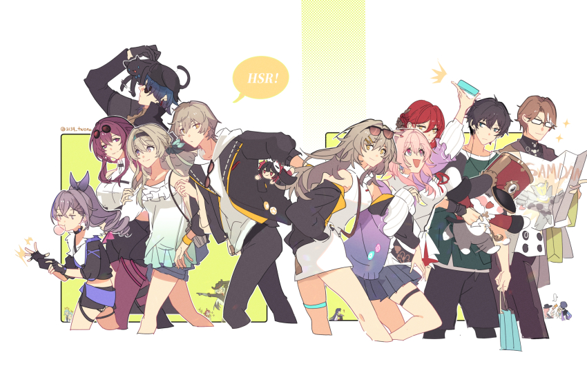 2134twone 6+boys 6+girls :d acheron_(honkai:_star_rail) argenti_(honkai:_star_rail) aventurine_(honkai:_star_rail) black_cat black_coat black_gloves black_hairband black_hat black_panties blade_(honkai:_star_rail) blonde_hair blowing_bubbles blue_hair boothill_(honkai:_star_rail) breasts brown_hair caelus_(honkai:_star_rail) cat coat collared_shirt crop_top dan_heng_(honkai:_star_rail) dr._ratio_(honkai:_star_rail) dress drill_hair eyewear_on_head firefly_(honkai:_star_rail) frilled_sleeves frills gloves grey_eyes grey_hair hair_between_eyes hairband hat high-waist_shorts highres himeko_(honkai:_star_rail) holding_another&#039;s_arm honkai:_star_rail honkai_(series) hood hoodie jade_(honkai:_star_rail) kafka_(honkai:_star_rail) long_hair long_sleeves looking_at_viewer march_7th_(feast)_(honkai:_star_rail) march_7th_(honkai:_star_rail) medium_breasts multiple_boys multiple_girls open_mouth panties pantyhose pink_hair pom-pom_(honkai:_star_rail) purple_eyes purple_hair purple_pantyhose red_hair sam_(honkai:_star_rail) shirt short_hair shorts silver_wolf_(honkai:_star_rail) skirt sleeveless sleeveless_dress smile sparkle_(honkai:_star_rail) stelle_(honkai:_star_rail) sunglasses t-shirt thigh_strap topaz_(honkai:_star_rail) trailblazer_(honkai:_star_rail) two-tone_eyes underwear welt_yang white_shirt yellow_eyes