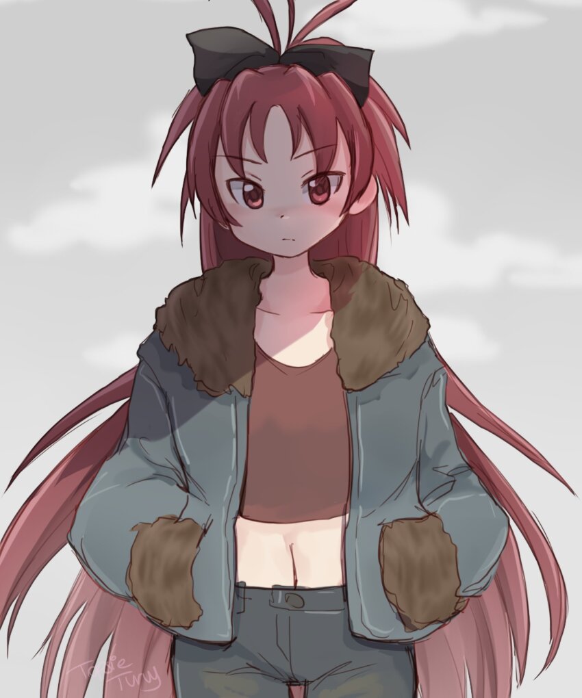 1girl absurdres black_bow black_pants black_pantyhose bow collarbone commentary crop_top expressionless fur-trimmed_jacket fur_trim grey_jacket hair_bow hands_in_pockets highres jacket long_hair looking_at_viewer mahou_shoujo_madoka_magica mahou_shoujo_madoka_magica_(anime) midriff open_clothes open_jacket pants pantyhose ponytail red_hair red_tank_top sakura_kyoko signature solo streetwear tank_top topsieturvy