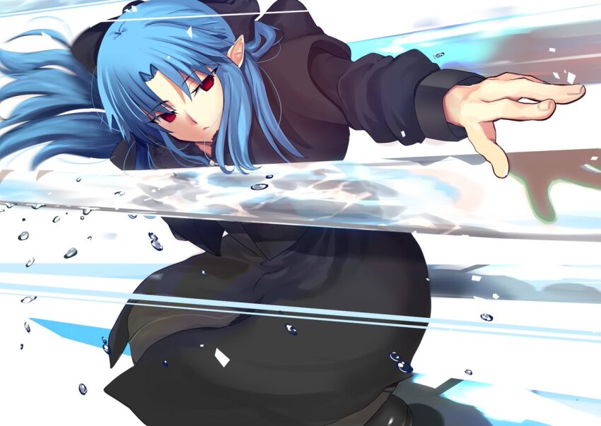 1girl blue_hair closed_mouth curtained_hair empty_eyes holding holding_sword holding_weapon iro_(sekaixiro) len_(tsukihime) long_hair pointy_ears red_eyes solo sword tsukihime water weapon white_background