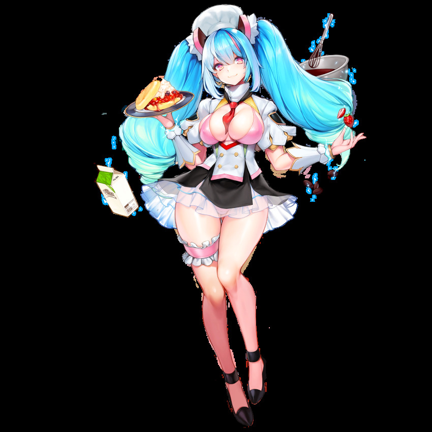 1girl :3 ass aurora_(last_origin) bikini blue_hair breasts chef chef_hat chocolate chocolate_making cleavage cleavage_cutout clothing_cutout dress drill_hair food fruit full_body game_cg gluteal_fold hair_between_eyes hat high_heels highres large_breasts last_origin long_hair looking_at_viewer milk_carton mixing_bowl official_art patissier pink_eyes short_dress sidelocks smile snowball22 solo star-shaped_pupils star_(symbol) strawberry swimsuit symbol-shaped_pupils tachi-e thigh_gap transparent_background twin_drills twintails whisk wide_hips