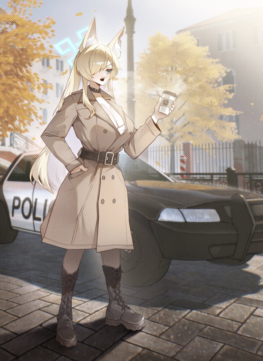 1girl absurdres animal_ears blonde_hair blue_archive blue_eyes car coffee cup disposable_coffee_cup disposable_cup dog_ears ford_crown_victoria ford_crown_victoria_(2nd_generation) halo highres kanna_(blue_archive) micasa_tto motor_vehicle police_car