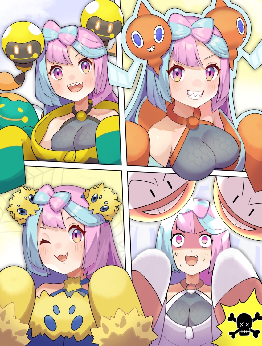 1girl :d alternate_color bellibolt blush breasts commentary_request creatures_(company) electrode_(pokemon) fang game_freak gen_4_pokemon gen_5_pokemon grey_shirt grin highres iono_(pokemon) jacket joltik katwo long_hair medium_breasts multiple_views nintendo open_mouth pink_hair pokemon pokemon_(creature) pokemon_sv rotom rotom_(normal) shaded_face shirt sleeveless sleeveless_shirt smile sweat tadbulb teeth tongue upper_teeth_only yellow_jacket