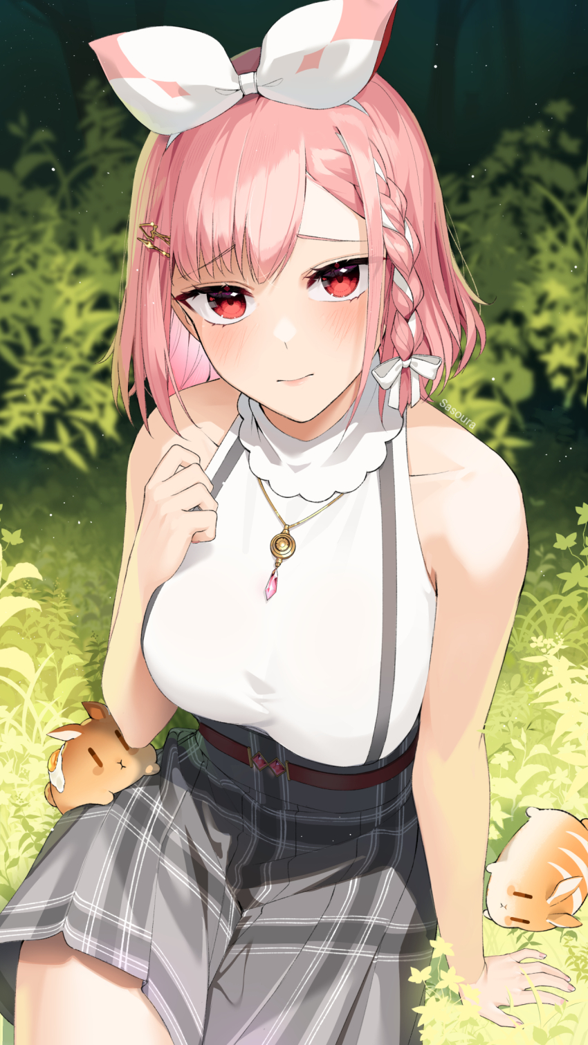 1girl artist_name atelier_live bare_arms bare_shoulders braid braided_bangs bread breasts commentary day english_commentary food grass grey_skirt hair_ornament hairclip high-waist_skirt highres jewelry large_breasts light_blush looking_at_viewer medium_hair necklace outdoors pink_hair pinku_(vtuber) plaid_clothes plaid_skirt pleated_skirt rabbit red_eyes sasoura shirt sitting skirt sleeveless sleeveless_shirt solo virtual_youtuber white_shirt |_|