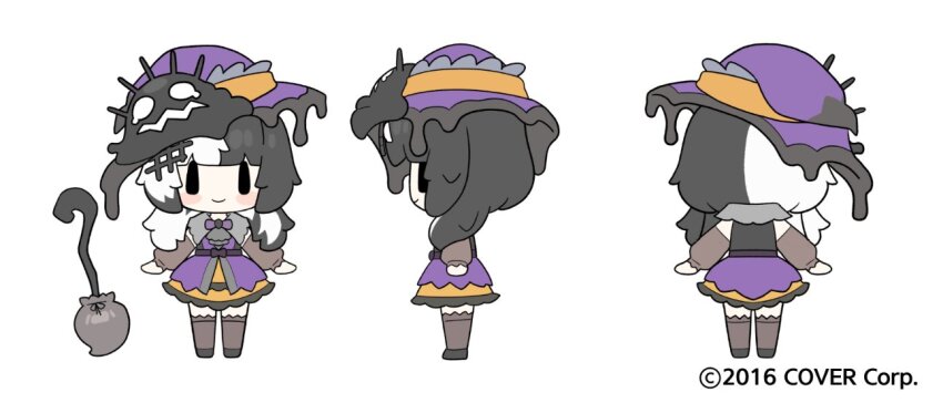 1girl black_footwear black_hair blush_stickers broom brown_sleeves brown_thighhighs chibi closed_mouth commentary detached_sleeves dress english_commentary grey_hair hat hololive hololive_english long_hair long_sleeves multicolored_hair multiple_views official_art profile puffy_long_sleeves puffy_sleeves purple_dress purple_hat shiori_novella shoes simple_background sleeveless sleeveless_dress sleeves_past_wrists smile snowmya thighhighs turnaround two-tone_hair very_long_hair virtual_youtuber white_background witch_hat |_|