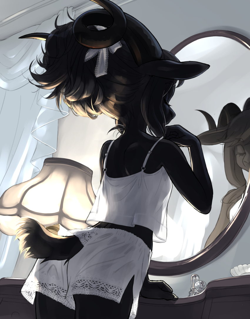 1girl animal_ears back backlighting black_hair bottle bow breasts camisole closed_eyes clothing_cutout curled_horns curtains from_behind furry furry_female goat_ears goat_girl goat_horns goat_tail hair_bow highres horns indoors kikurage_(crayon_arts) lamp mirror mixed-language_commentary original perfume_bottle reflection see-through_camisole see-through_clothes short_shorts shorts small_breasts solo table tail tail_through_clothes vanity_table white_camisole white_shorts