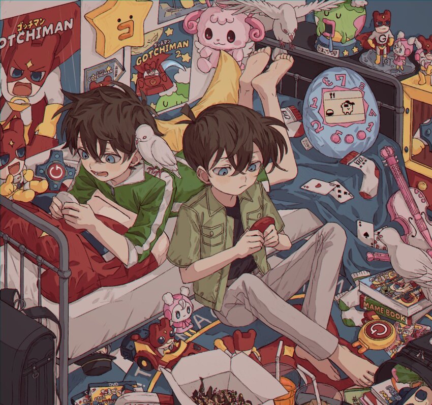 2boys barefoot bedroom bird blue_eyes book box brown_hair card character_request copyright_request highres instrument male_focus multiple_boys on_bed playing_card siblings socks stuffed_toy tamagotchi tamagotchi:_happiest_story_in_the_universe! tamagotchi:_the_movie tamagotchi_(classic) tomoja_rs toy twins violin