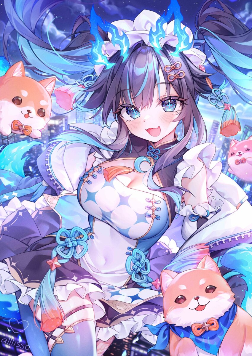 1girl alllisso artist_name black_hair black_jacket black_skirt blue_eyes blue_hair blue_thighhighs breasts cleavage commission crescent cross-shaped_pupils dog eyelashes fiery_ears hair_ornament highres indie_virtual_youtuber jacket long_hair multicolored_hair night night_sky open_mouth shiba_inu skirt sky streaked_hair symbol-shaped_pupils tassel thighhighs twintails yokonie zipper