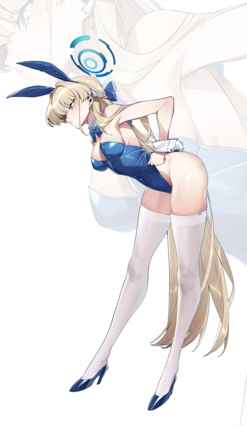 absurdres animal_ears blonde_hair blue_archive blue_bow blue_bowtie blue_eyes blue_footwear bow bowtie breasts cure_white detached_collar fake_animal_ears fake_tail high_heels highres leotard long_hair playboy_bunny rabbit_ears rabbit_tail simple_background tail thighhighs toki_(blue_archive) toki_(bunny)_(blue_archive) white_background white_thighhighs wrist_cuffs yeyoutiangong