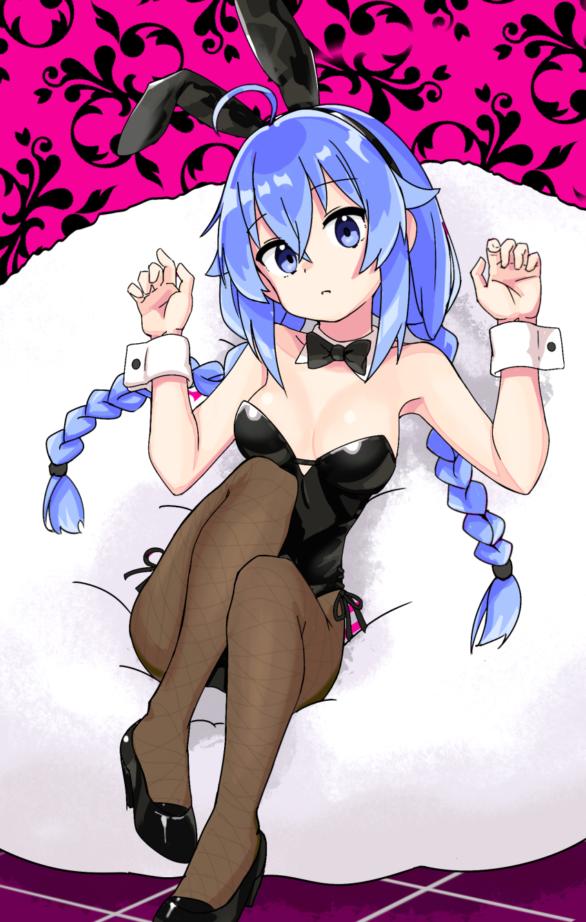 1girl ahoge animal_ears armpits black_bow black_bowtie black_footwear black_leotard blue_eyes blue_hair bow bowtie braid breasts brown_thighhighs cleavage closed_mouth collar cushion eyebrows_hidden_by_hair fake_animal_ears full_body hair_between_eyes high_heels highres large_breasts leotard long_hair looking_at_viewer mushoku_tensei nangong_(skarndrnjs) playboy_bunny roxy_migurdia sitting solo thighhighs twin_braids very_long_hair white_collar white_wrist_cuffs wrist_cuffs