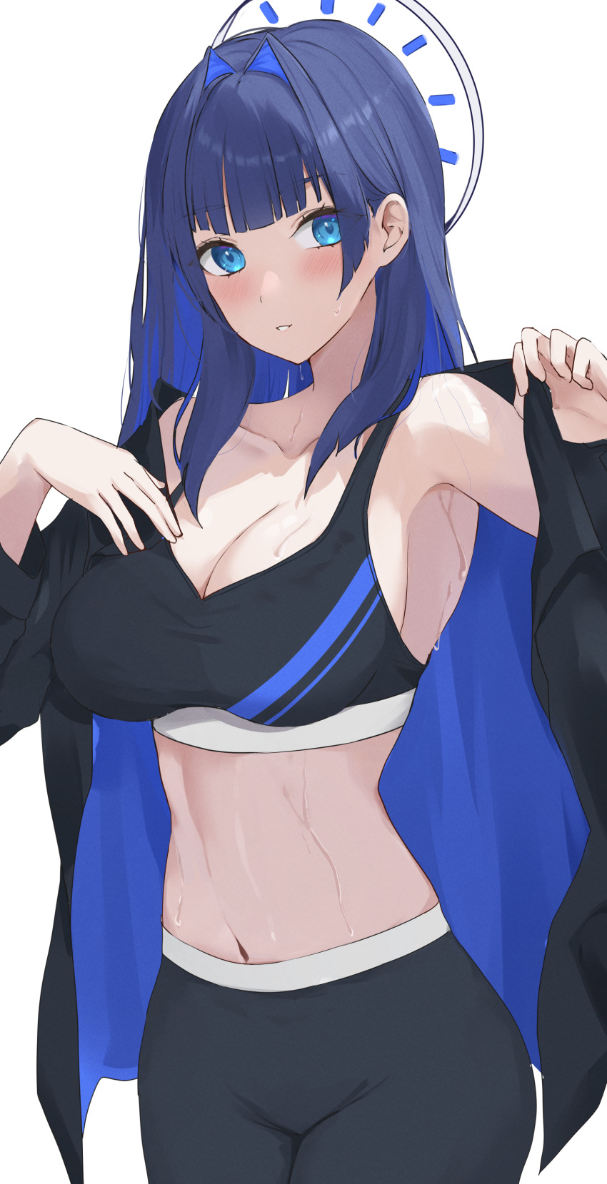 1girl absurdres alternate_costume alternate_hairstyle armpits black_jacket black_pants black_sports_bra blue_eyes blue_hair blue_halo blue_sports_bra blunt_bangs blush breasts cleavage colored_inner_hair hair_intakes halo highres hololive hololive_english jacket large_breasts long_hair looking_at_viewer multicolored_hair navel open_clothes open_jacket ouro_kronii pants solo sports_bra stomach striped_sports_bra sweat two-tone_sports_bra udonpan virtual_youtuber yoga_pants