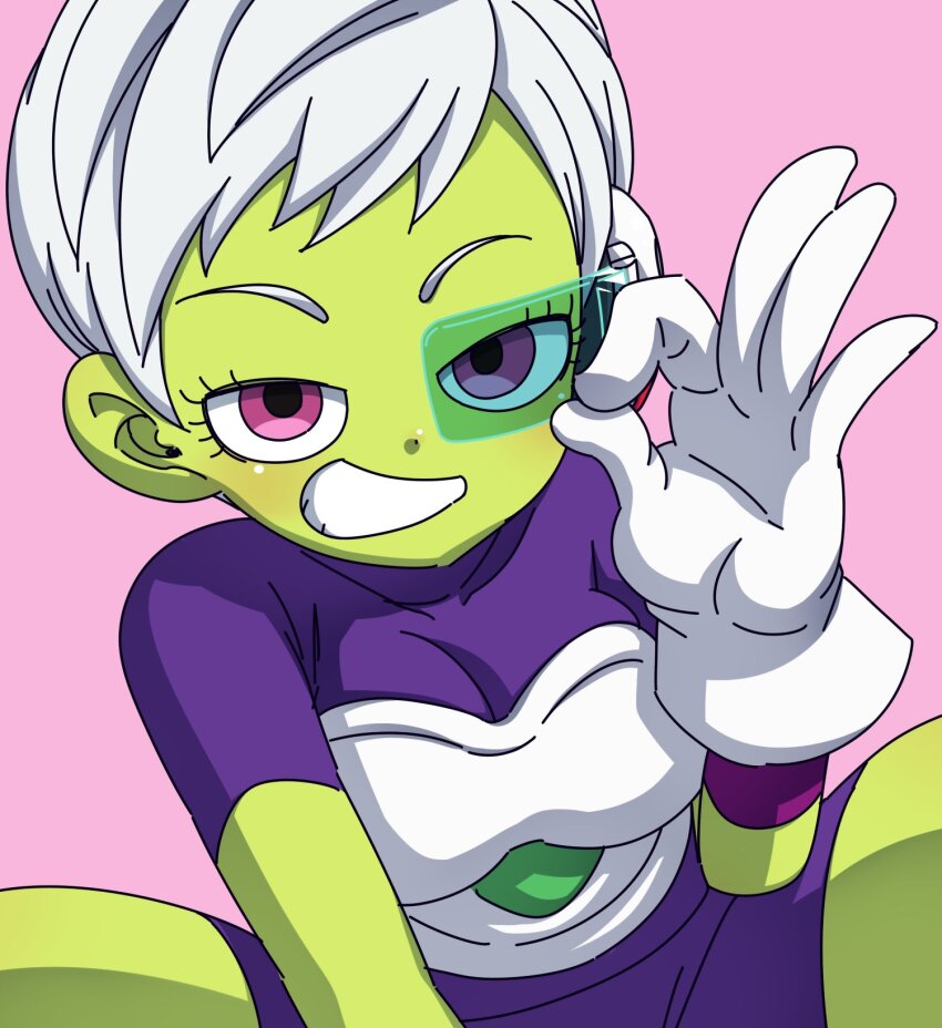 1girl armor bodysuit breastplate breasts cheelai dragon_ball dragon_ball_super gloves grey_hair grin hanya_(hanya_yashiki) highres legs_apart looking_at_viewer ok_sign pink_background pink_eyes purple_bodysuit short_hair smile solo white_gloves