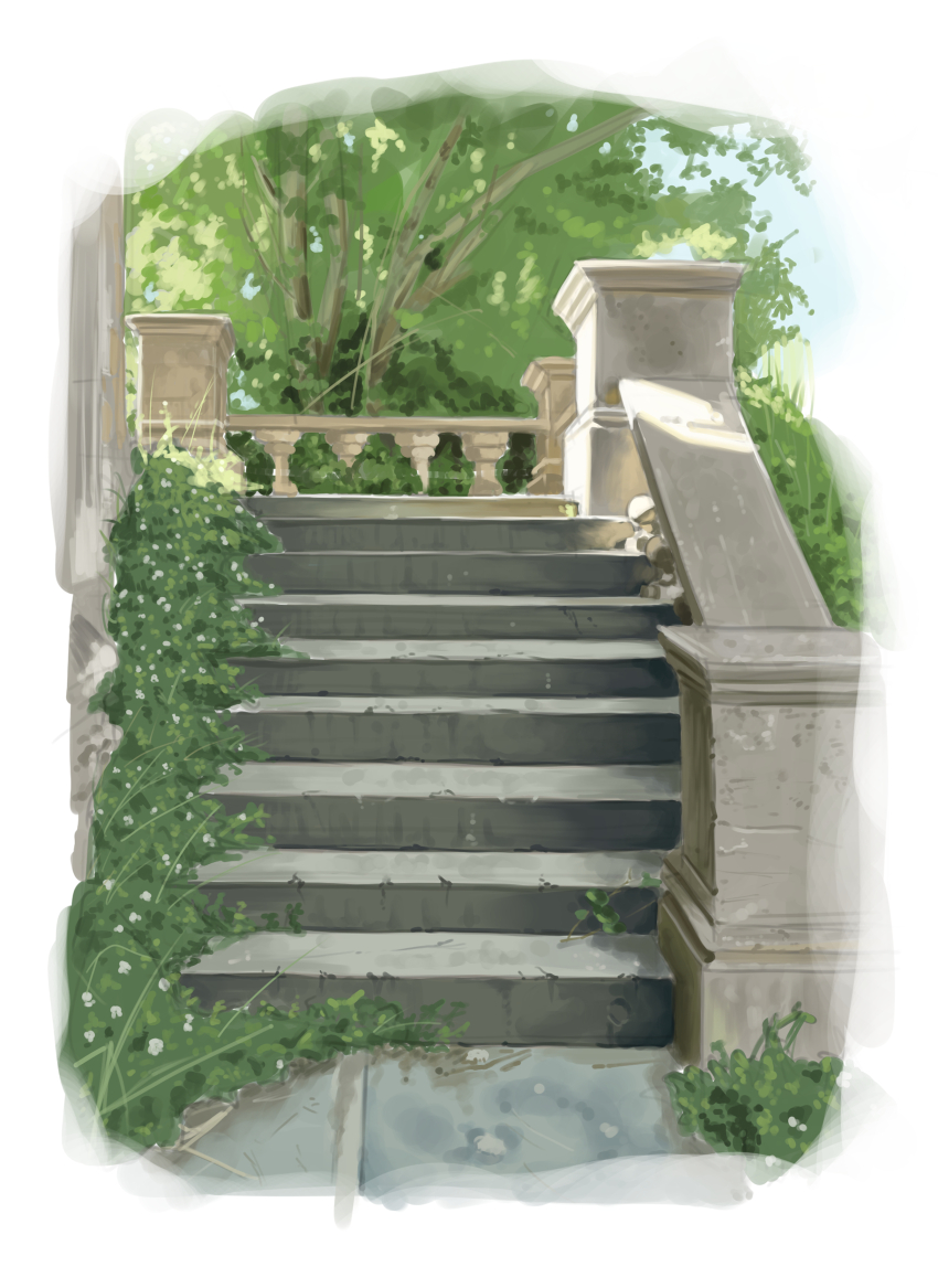 absurdres day highres no_humans original outdoors overgrown samukzz scenery stairs stone_stairs tree