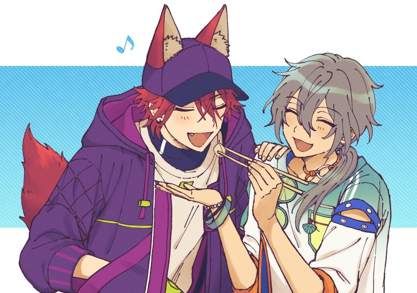 2boys :d ^_^ amagi_rinne animal_ears baseball_cap blue_background bracelet breast_pocket closed_eyes clothing_cutout diagonal_striped_background drawstring ears_through_headwear ensemble_stars! fang feeding food gradient_clothes gradient_shirt hair_over_shoulder half-closed_eyes hand_in_pocket hand_on_another&#039;s_shoulder hands_up happy hat highres holding_chopsticks holding_with_chopsticks hood hood_down jacket jewelry kemonomimi_mode layered_clothes leaning_forward letterboxed male_focus multiple_boys musical_note open_hand open_mouth otabe_(g0hanpanmen) outside_border padded_jacket pocket purple_hat shiina_niki shirt shoulder_cutout side-by-side sleeves_past_elbows smile t-shirt tail three_quarter_view u_u upper_body yaoi