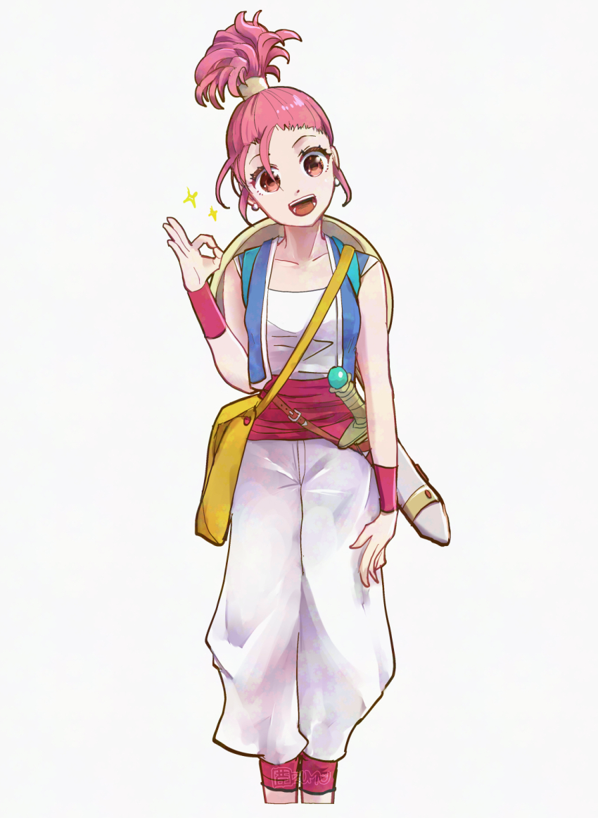 1girl :d commentary_request dragon_quest dragon_quest_iii feet_out_of_frame full_body head_tilt highres merchant_(dq3) mizss ok_sign open_mouth pants pink_hair red_eyes simple_background smile solo sparkle standing teeth upper_teeth_only white_background white_pants