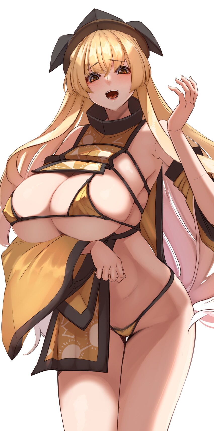 1girl absurdres bikini blonde_hair blush breasts cleavage commentary_request covered_erect_nipples detached_sleeves hat highres huge_breasts long_hair looking_at_viewer matara_okina micro_bikini open_mouth orange_bikini simple_background swimsuit tabard touhou white_background wide_sleeves yellow_eyes yukito_(dreamrider)