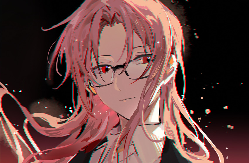 1boy black_vest chromatic_aberration closed_mouth collared_shirt commentary english_commentary glasses hatsutori_hajime highres kitakawayui light_particles long_hair male_focus portrait red_eyes saibou_shinkyoku shirt smile solo vest white_shirt